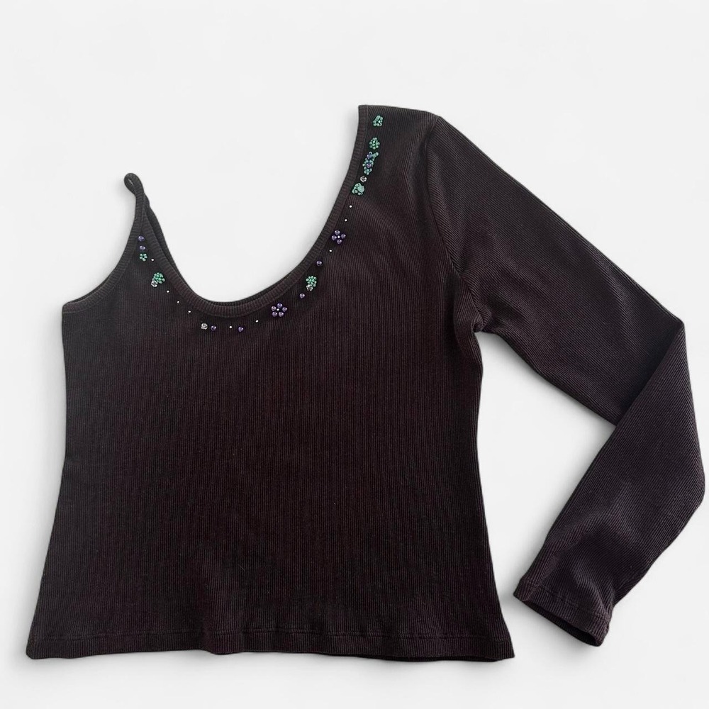 Kith & Kin Brown Ribbed One Shoulder Beaded Flower Asymmetrical Top Large
